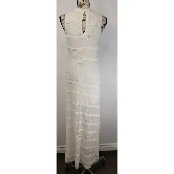 Manito USA Slip Maxi Dress Sz XS/S Ivory Lace Mesh Semi Sheer Whimsycal - Picture 6 of 8